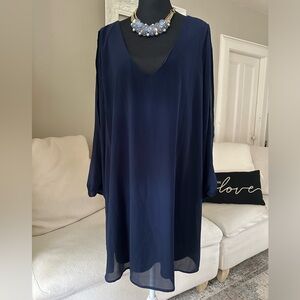 LULUS Shifting Dears Elegant Flowy Chiffon Navy Blue Long Sleeve Dress Size XL